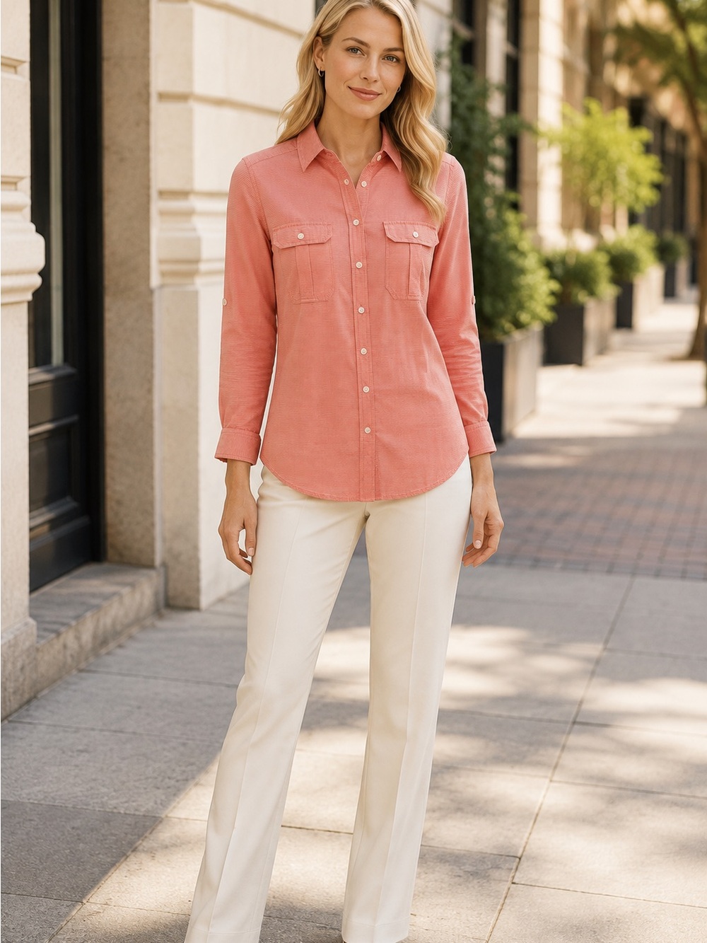 Express Women’s Coral Roll-Tab Button Down Shirt Size M